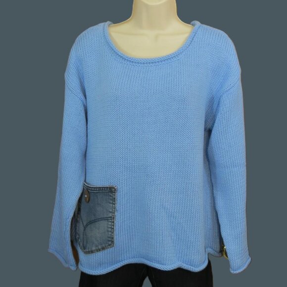 Shannon Passero Blue Marion Pullover Sweater 100% Cotton Denim Pocket Large - Picture 1 of 13